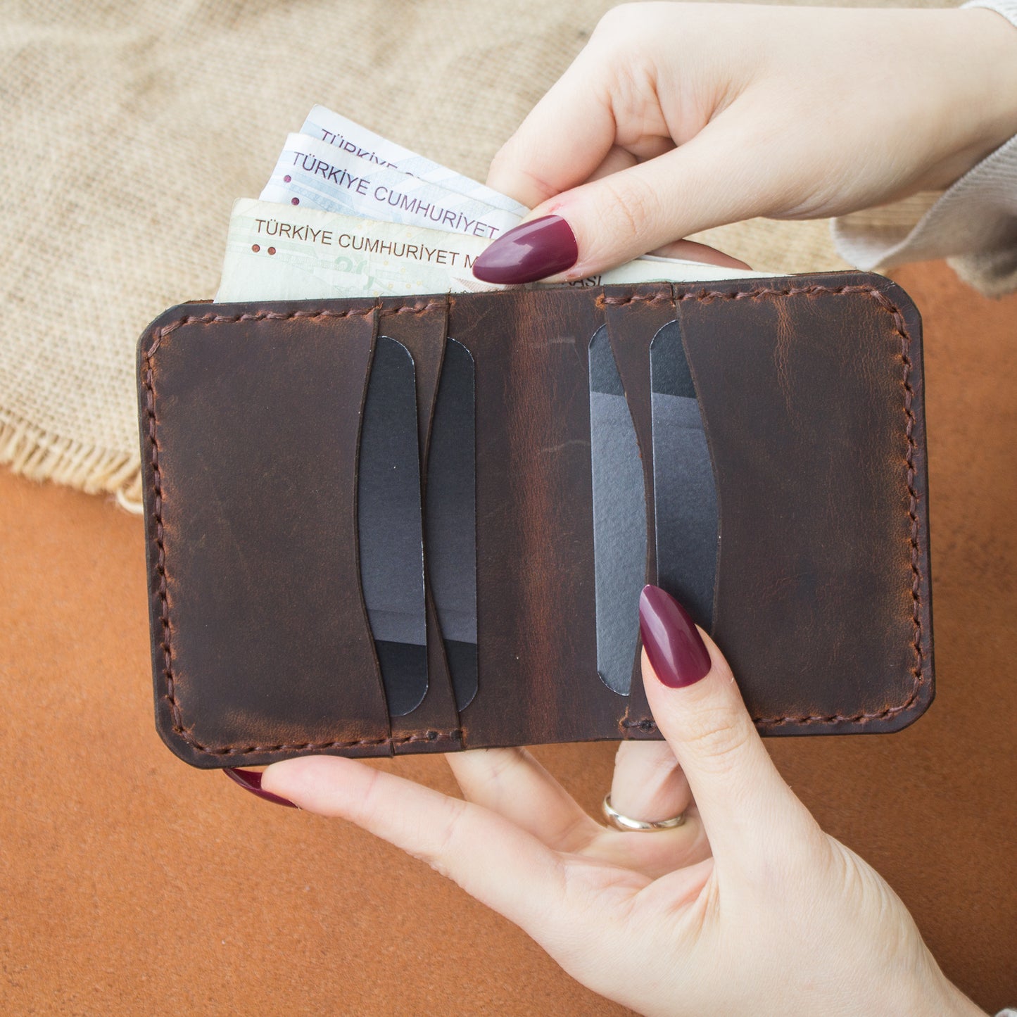 El Yapımı Hakiki Deri Cüzdan - Tetra